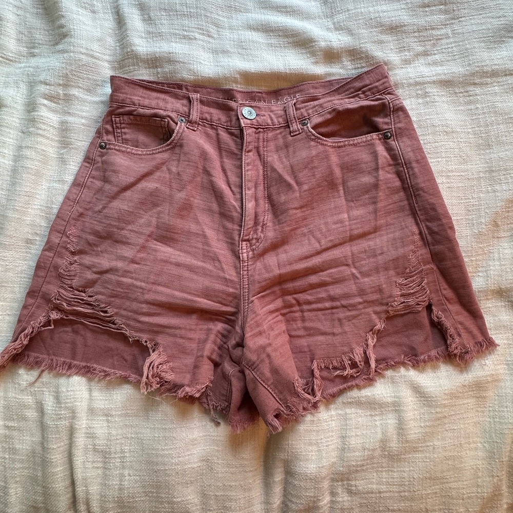 Salmon Distressed American Eagle High Waisted Washed Jean Shorts